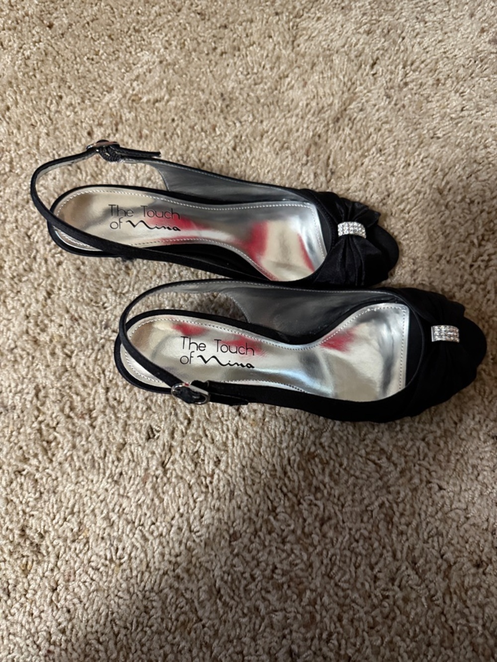 Touch of Nina Black Satin Slingback Peep-Toe Heels with Rhinestone Accent